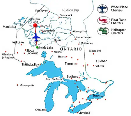 Map showing the charter flight route from Pickle Lake to Bearskin Lake
